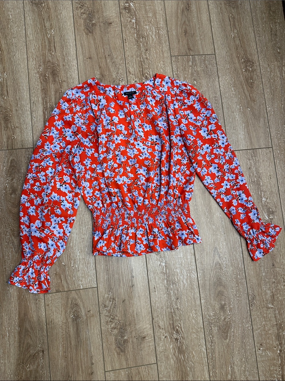 Ann Taylor Smocked Red and Blue Floral Blouse Size S - Picture 1 of 7